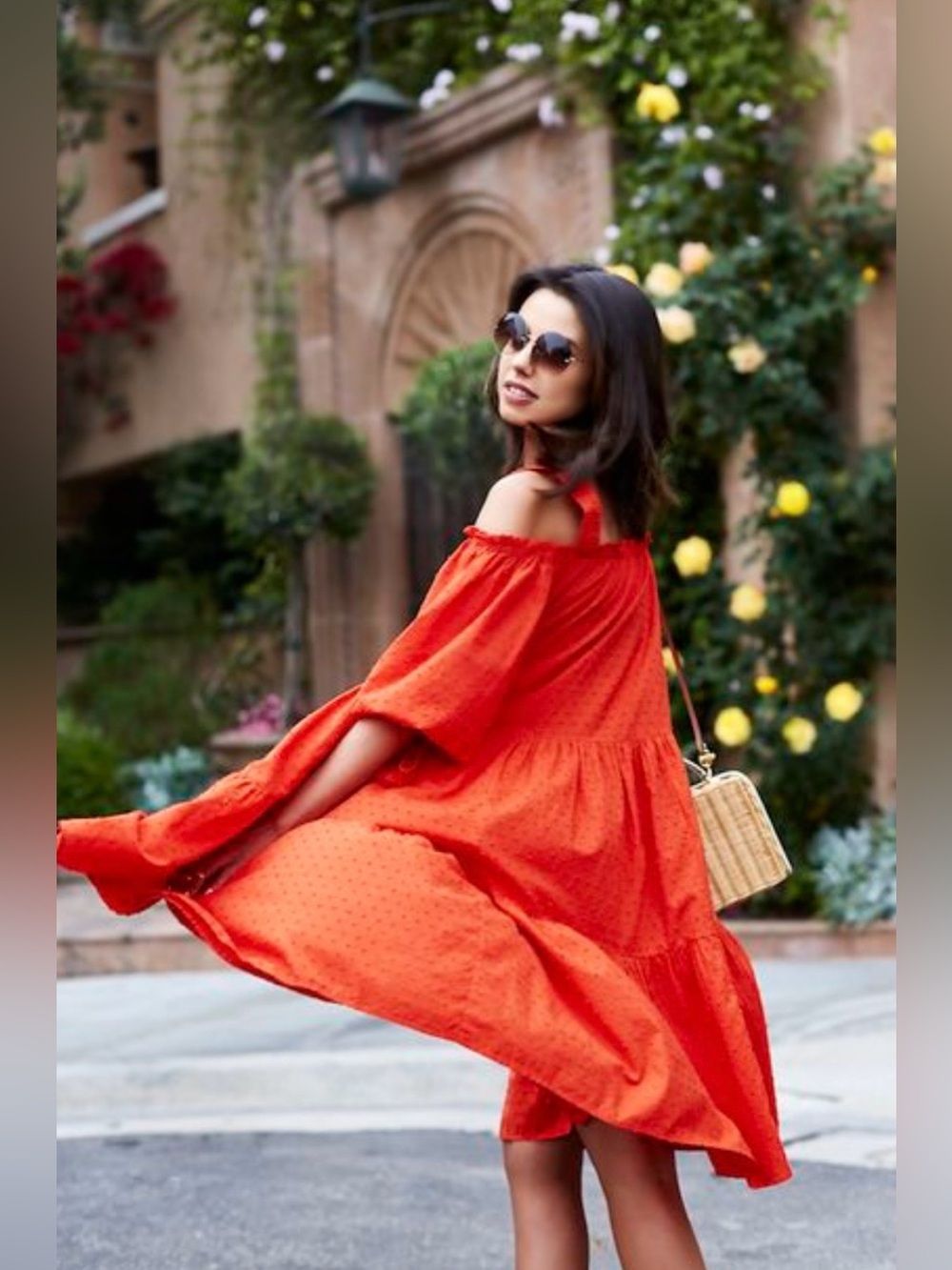 H&M Women's Burnt Orange Red Off Shoulder Bohemian Dress Swiss Dot Midi size 4